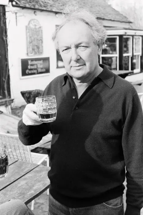 Framed Print : Freddie Laker, enjoying a quick half pint in the garden of his local pub in the village Framed Print : Freddie Laker, enjoying a quick half pint in the garden of his local pub in the village