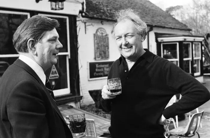 Framed Print : Freddie Laker, enjoying a quick half pint in the garden of his local pub in the village Framed Print : Freddie Laker, enjoying a quick half pint in the garden of his local pub in the village