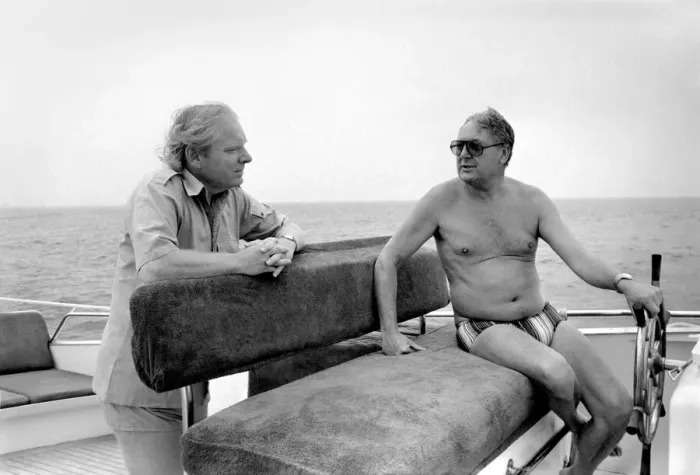 Framed Print : Freddie Laker: Entrepreneur with his motor cruiser in Majorca. July 1981 81-03733a-030
