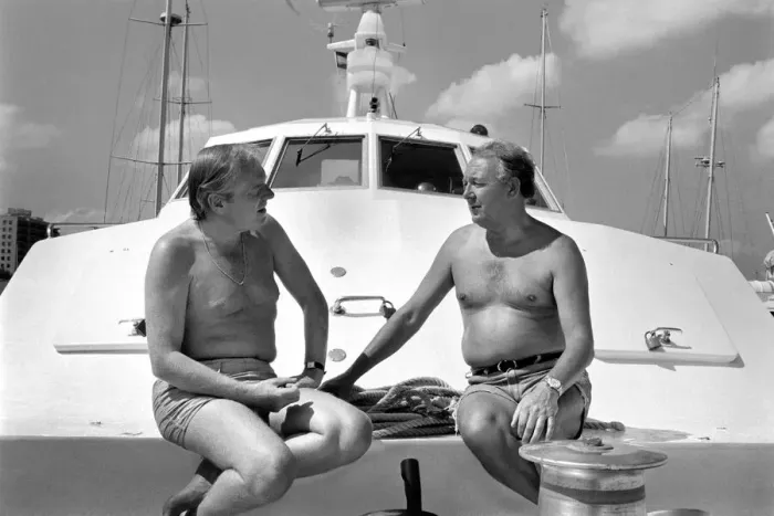 Framed Print : Freddie Laker: Entrepreneur with his motor cruiser in Majorca. July 1981 81-03733a-010