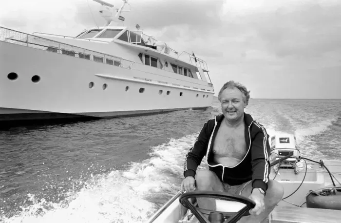 Framed Print : Freddie Laker: Entrepreneur with his motor cruiser in Majorca. July 1981 81-03733a-039 Framed Print : Freddie Laker: Entrepreneur with his motor cruiser in Majorca. July 1981 81-03733a-039