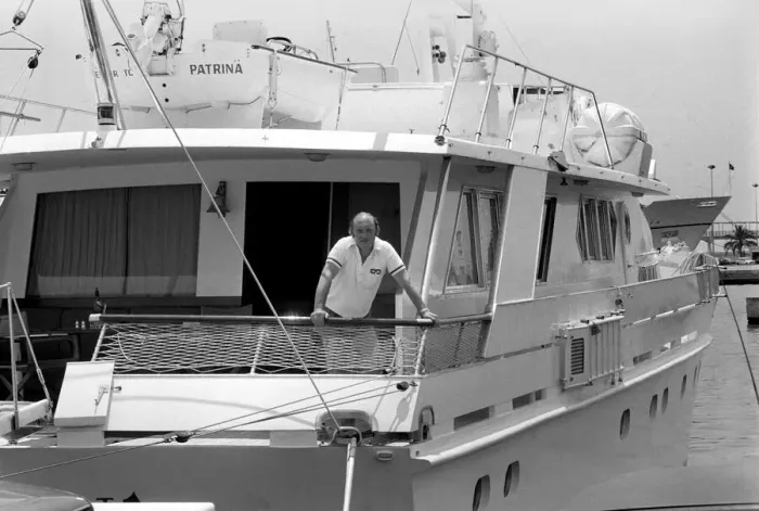 Framed Print : Freddie Laker: Entrepreneur with his motor cruiser in Majorca. July 1981 81-03733a-008 Framed Print : Freddie Laker: Entrepreneur with his motor cruiser in Majorca. July 1981 81-03733a-008