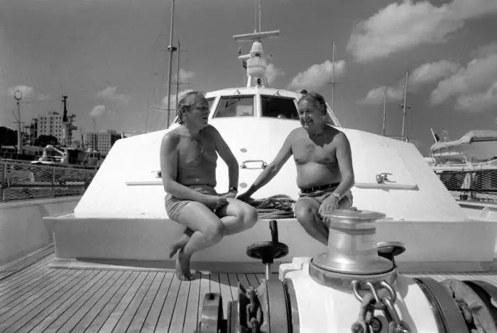 Framed Print : Freddie Laker: Entrepreneur with his motor cruiser in Majorca. July 1981 81-03733a-031
