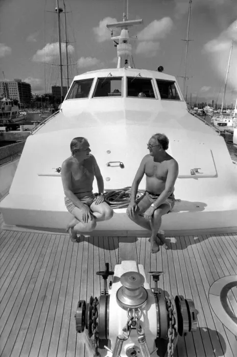 Framed Print : Freddie Laker: Entrepreneur with his motor cruiser in Majorca. July 1981 81-03733a-034 Framed Print : Freddie Laker: Entrepreneur with his motor cruiser in Majorca. July 1981 81-03733a-034