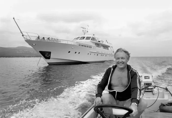 Framed Print : Freddie Laker: Entrepreneur with his motor cruiser in Majorca. July 1981 81-03733a-009 Framed Print : Freddie Laker: Entrepreneur with his motor cruiser in Majorca. July 1981 81-03733a-009