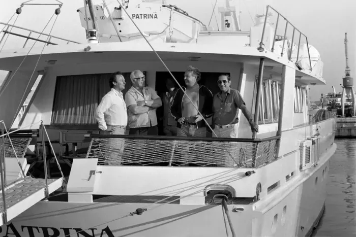 Framed Print : Freddie Laker: Entrepreneur with his motor cruiser in Majorca. July 1981 81-03733a-024 Framed Print : Freddie Laker: Entrepreneur with his motor cruiser in Majorca. July 1981 81-03733a-024