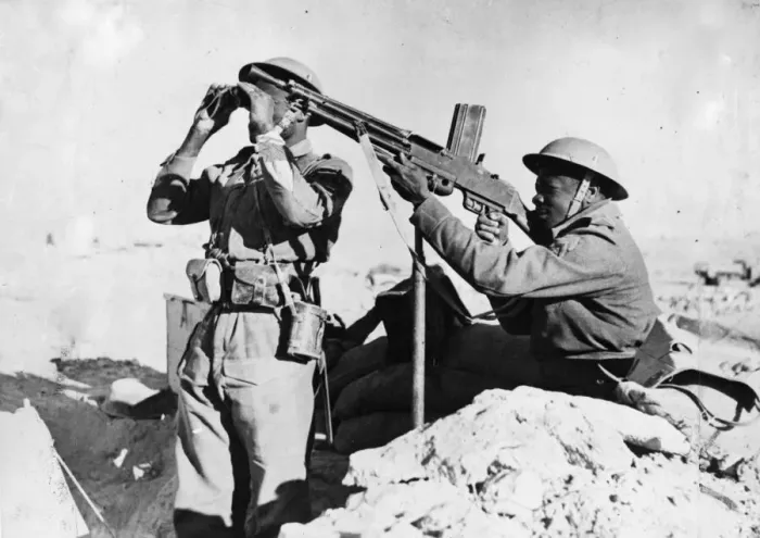 Framed Print : Free French Forces in The Middle East. Picture shows a machine-gun post in a Framed Print : Free French Forces in The Middle East. Picture shows a machine-gun post in a