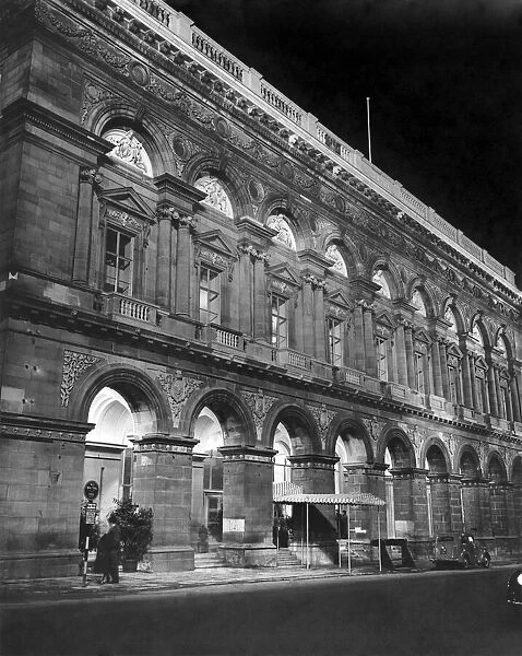 The Free Trade Hall floodlit prior to the opening by Her Majesty the Queen