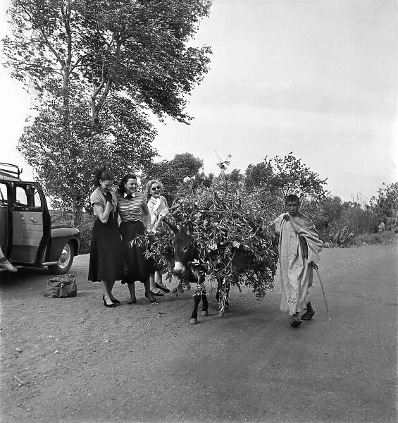 Two French actresses watch as a local man carrying tree branches on his donkey passes by
