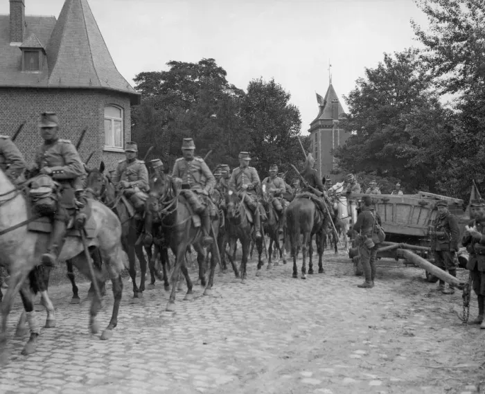 Framed Print : French cavalry seen here passing through a barricade on the Belgium - French border circa Framed Print : French cavalry seen here passing through a barricade on the Belgium - French border circa