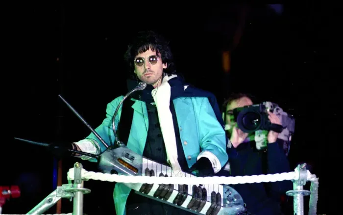 Framed Print : French composer and performer Jean Michel Jarre seen here on stage during his Framed Print : French composer and performer Jean Michel Jarre seen here on stage during his