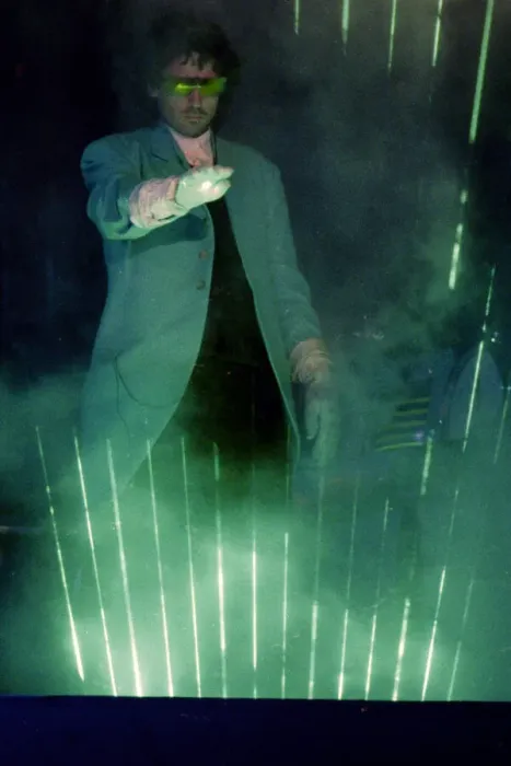 Framed Print : French composer and performer Jean Michel Jarre seen here on stage playing a laser harp Framed Print : French composer and performer Jean Michel Jarre seen here on stage playing a laser harp