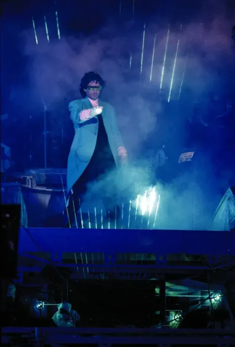 Framed Print : French composer and performer Jean Michel Jarre seen here on stage playing a laser harp Framed Print : French composer and performer Jean Michel Jarre seen here on stage playing a laser harp