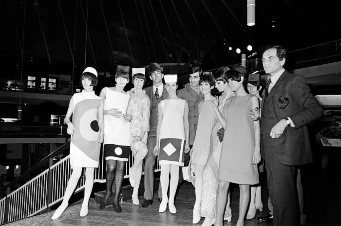 Framed Print : French couturier, Pierre Cardin, with models at rehearsals for a charity gala he is Framed Print : French couturier, Pierre Cardin, with models at rehearsals for a charity gala he is