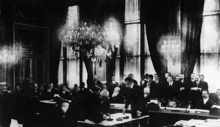 Framed Print : French President Georges Clemenceau seen here ratifying the Treaty of Versailles for Framed Print : French President Georges Clemenceau seen here ratifying the Treaty of Versailles for