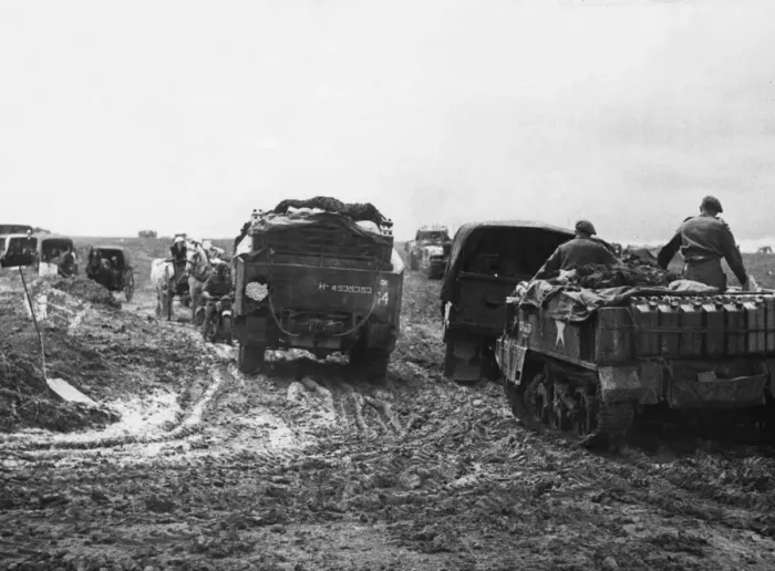 Framed Print : French refugees from the Verson area are seen on the Cheux-Colleville road