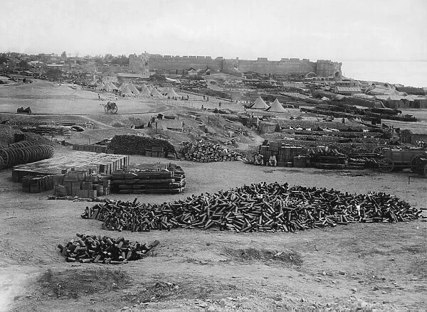 The French Stores Depot at Seddul Bahr, Gallipoli in the background. Circa May 1915