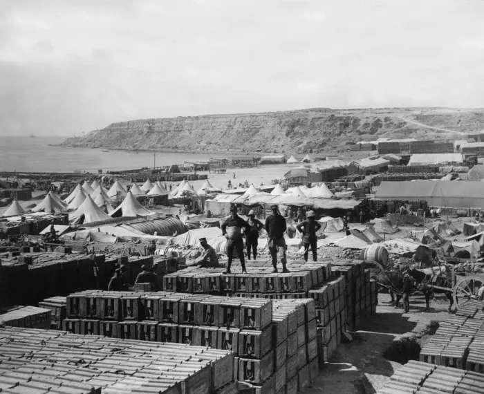 Framed Print : The French Stores Depot at Seddull Bahr, Cape Helles, Gallipoli in the background