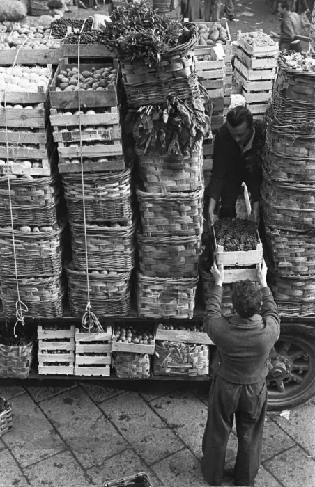 Framed Print : Fresh produce is off loaded at a Milan market. Circa 1955 Framed Print : Fresh produce is off loaded at a Milan market. Circa 1955