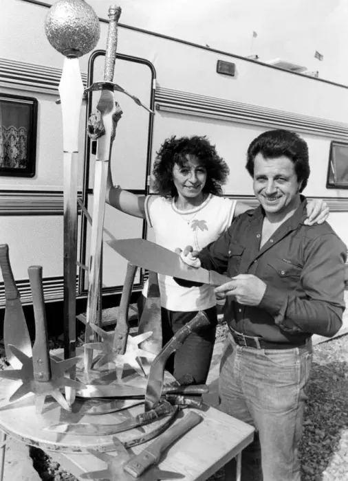 Framed Print : Fritz and Helga Brumbach with the items used in their knife-throwing circus act Framed Print : Fritz and Helga Brumbach with the items used in their knife-throwing circus act