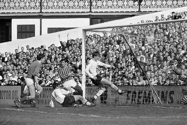 Fulham 1 v. Stoke 1. 1966 League campaign. Clarke hammers the ball into