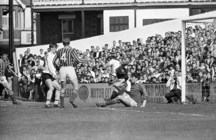 Framed Print : Fulham 1 v. Stoke 1. 1966 League campaign 2nd May 1966 Stoke goalkeeper Framed Print : Fulham 1 v. Stoke 1. 1966 League campaign 2nd May 1966 Stoke goalkeeper
