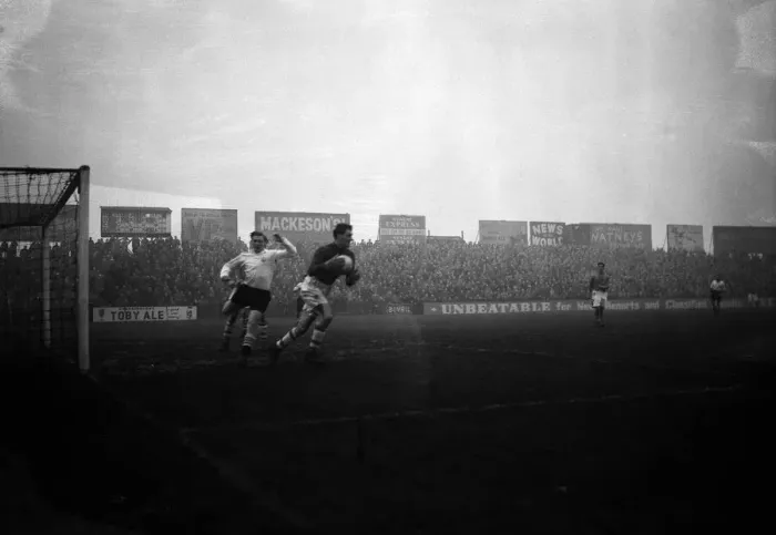 Framed Print : Fulham v Nottingham Forest Football December 1956 Fulham Goalkeeper Black saves a Framed Print : Fulham v Nottingham Forest Football December 1956 Fulham Goalkeeper Black saves a