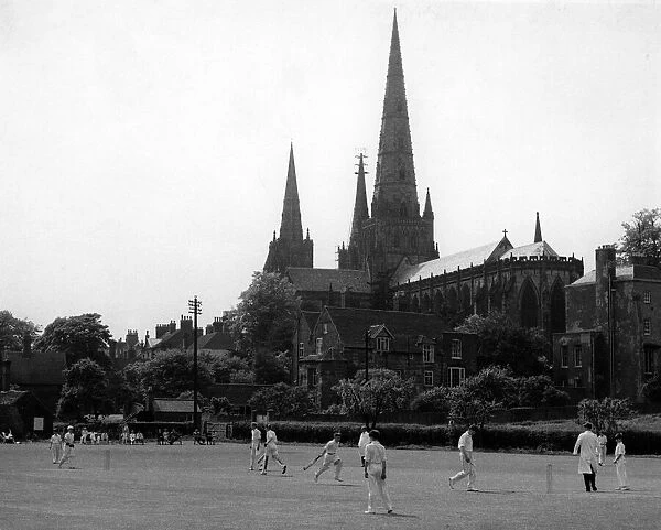 A game of cricket in Lichfield, Staffordshire. April 1960