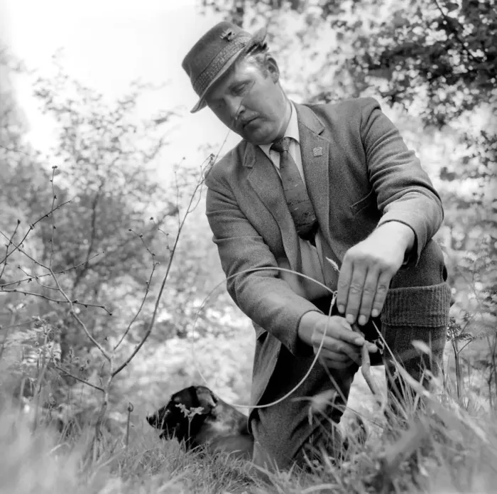 Framed Print : Gamekeeper seen here checking the hen house and setting snare traps. 1959 Framed Print : Gamekeeper seen here checking the hen house and setting snare traps. 1959