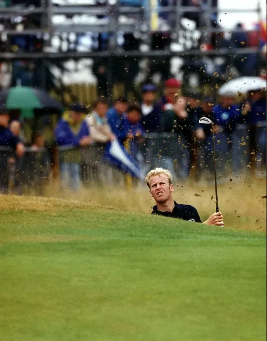 Framed Print : Gary Evans Golf digs his way out of trouble at Sandwich