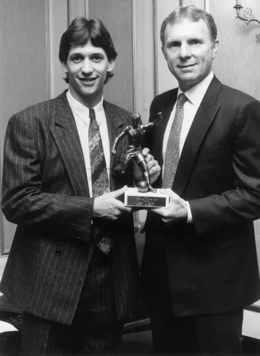 Framed Print : Gary Lineker receives his footballer of the year trophy drom Bobby Moore. 9th May 1986 Framed Print : Gary Lineker receives his footballer of the year trophy drom Bobby Moore. 9th May 1986
