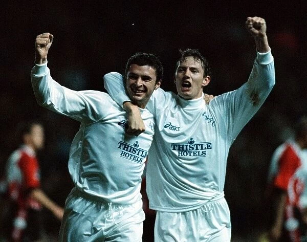 Gary Speed of Leeds celebrates with team mate after scoring goal during UEFA Cup match
