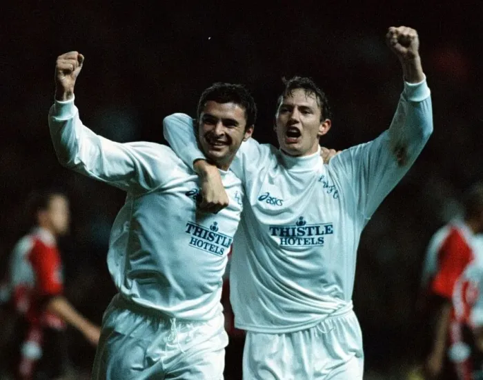 Framed Print : Gary Speed of Leeds celebrates with team mate after scoring goal during UEFA Cup match Framed Print : Gary Speed of Leeds celebrates with team mate after scoring goal during UEFA Cup match