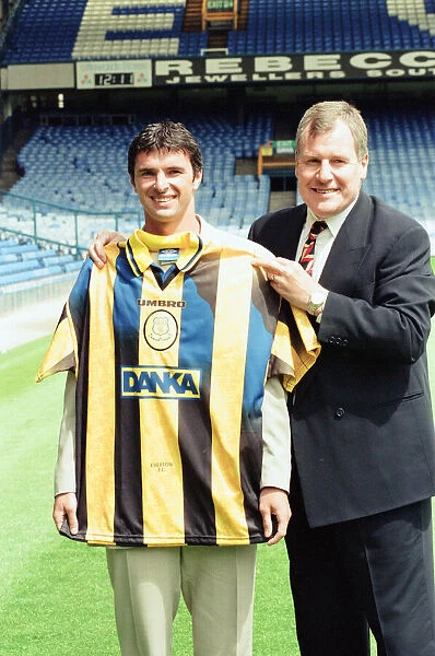 Gary Speed, signs for Everton Football Club, pictured with manager Joe Royle at Goodison