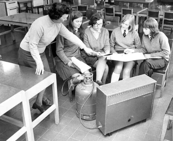 Framed Print : Gas heaters were used in some schools during the fuel shortage in February 1972 Framed Print : Gas heaters were used in some schools during the fuel shortage in February 1972