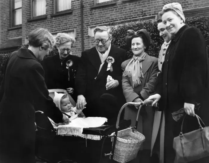 Framed Print : General Election 1950: Mr. and Mrs. Herbert Morrison chat with baby John Carlisle
