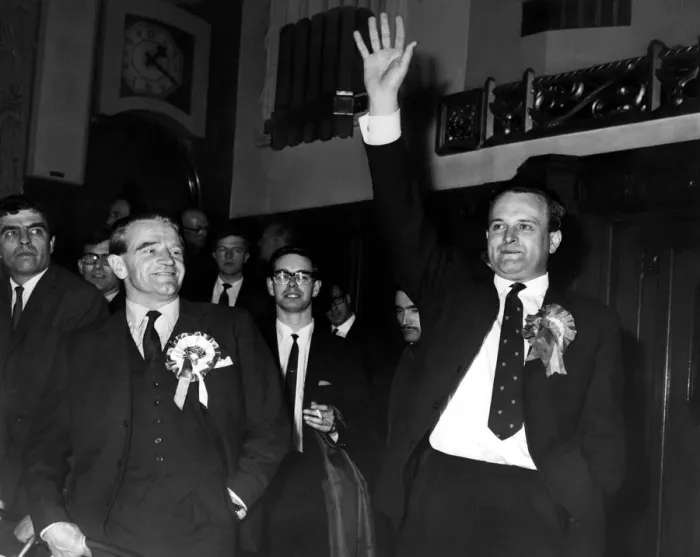 Framed Print : General Election 1966: Labour candidate Rowland Moyle acknowledges the cheers of his Framed Print : General Election 1966: Labour candidate Rowland Moyle acknowledges the cheers of his