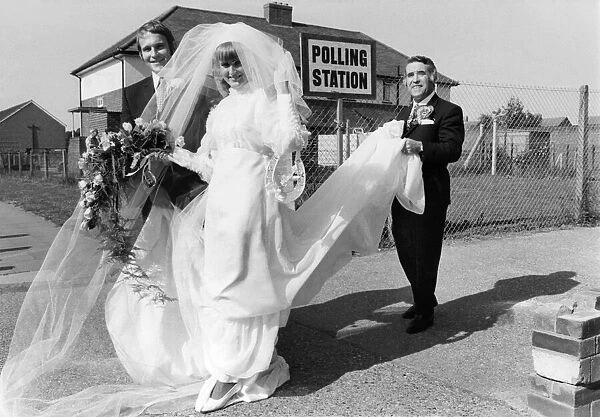 General Election 1970: Marilyn Bath arrives to vote - just after getting married