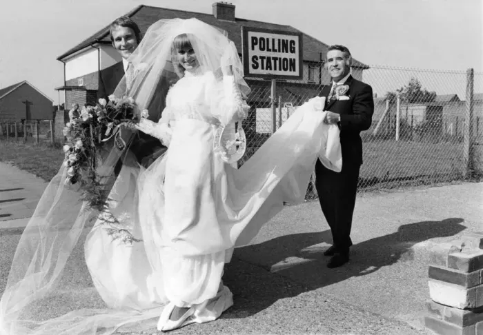 Framed Print : General Election 1970: Marilyn Bath arrives to vote - just after getting married