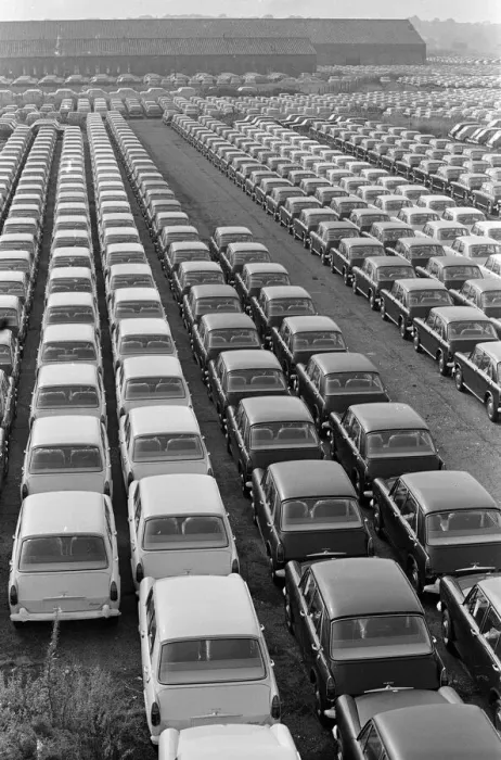 Framed Print : General scenes showing cars parked outside the BMC factory in Longbridge