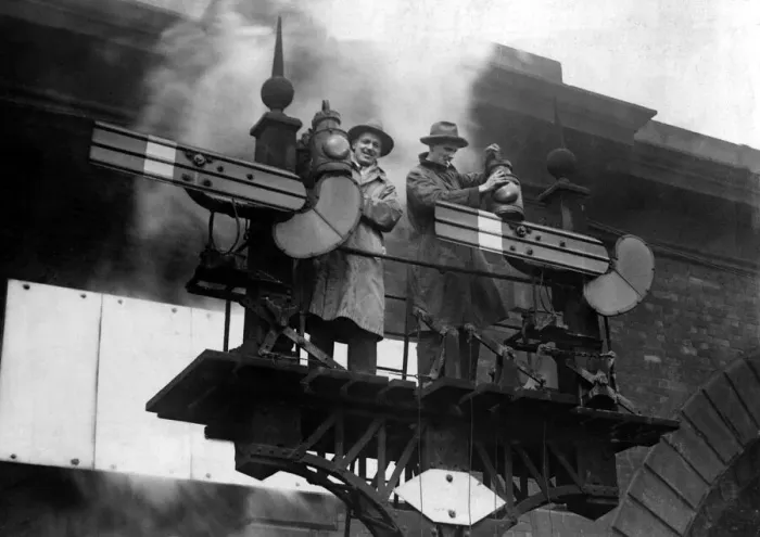 Framed Print : General Strike 1926. Volunteer signalmen inspecting the signals before starting their job Framed Print : General Strike 1926. Volunteer signalmen inspecting the signals before starting their job