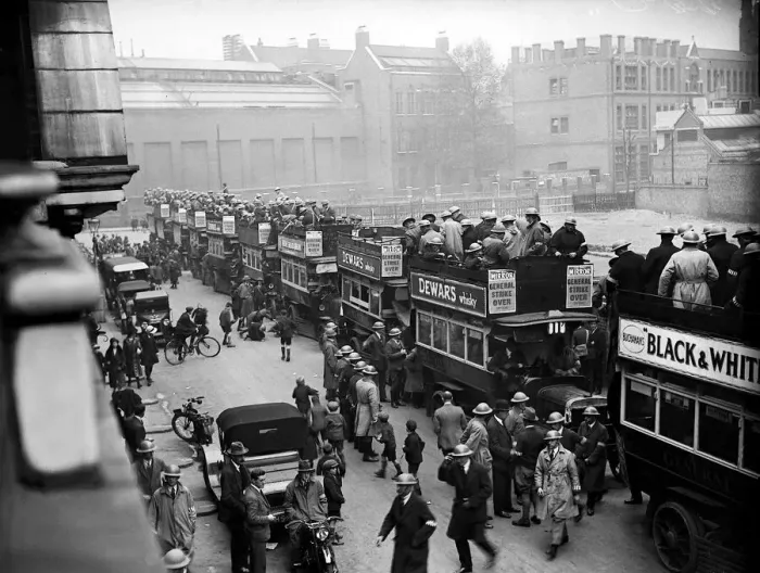 Framed Print : General Strike Scene June 1926 Bus load of special constables ready to leave for Framed Print : General Strike Scene June 1926 Bus load of special constables ready to leave for