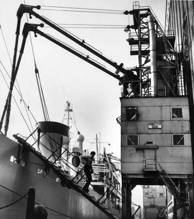 Framed Print : General view of the docks at Birkenhead in the Wirral showing one of the huge grain
