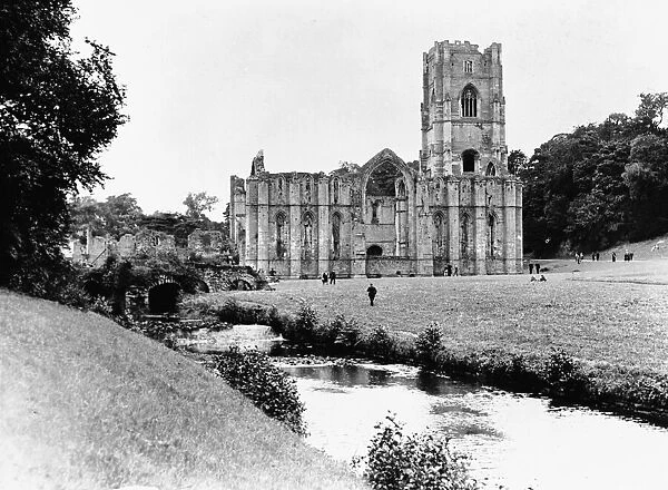 General view of Fountains Abbey, a ruined Cistercian monastery