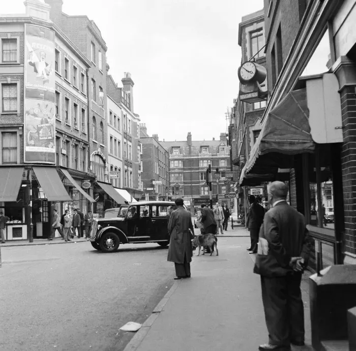 Framed Print : General view of Frith Street, Soho, London, 26th June 1956. Parmigiani Figlio deli clock Framed Print : General view of Frith Street, Soho, London, 26th June 1956. Parmigiani Figlio deli clock
