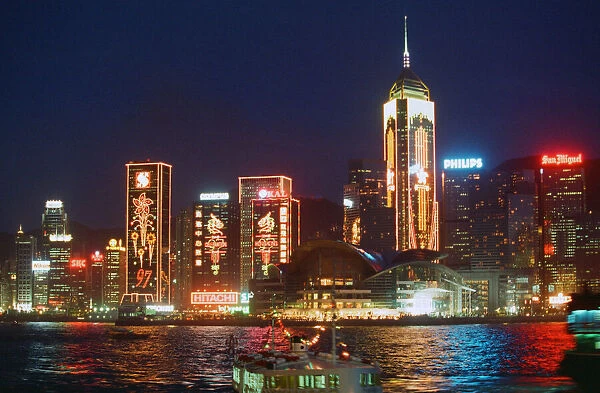 General view of the illuminated skyline at night time in Hong Kong