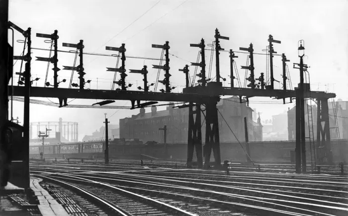 Framed Print : General view of railway signals over the tracks. May 1955 Framed Print : General view of railway signals over the tracks. May 1955