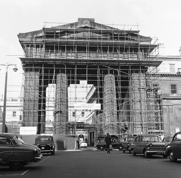 General view showing building works in progress on the Euston arch. Circa 1969