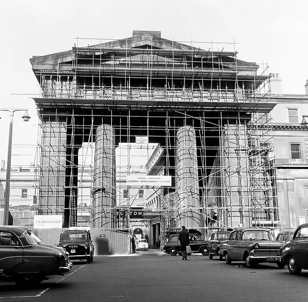 General view showing building works in progress on the Euston arch. Circa 1969
