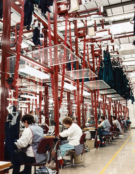 General view showing workers at the Laura Ashley textiles factory in Carno, Powys, Wales